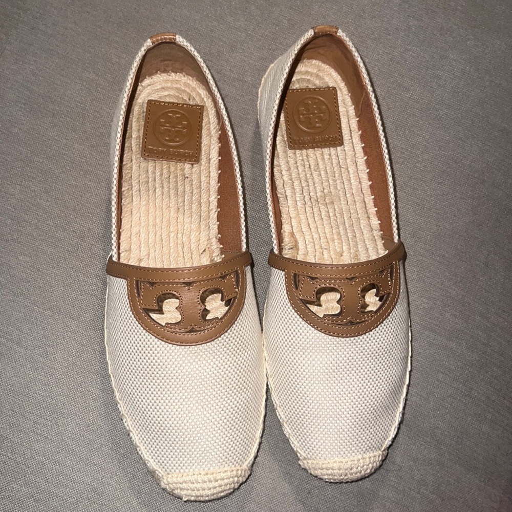 Tory Burch Natural/ Tan Sidney Espadrille luggage canvas/ calf leather ( 9 )